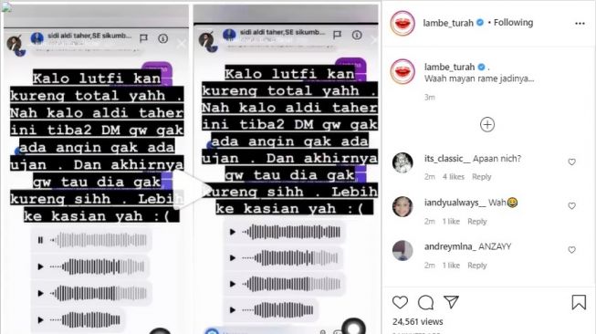 Onad mengunggah voice note dari Aldi Taher - (Instagram/@lambe_turah)