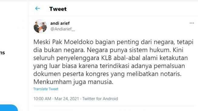 Cuitan Andi Arief soal Moeldoko dan KLB.[Twitter/@Andiarief__]