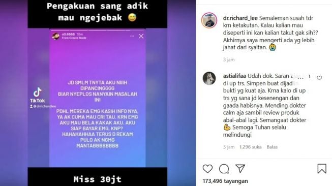 dr Richard Lee mengunggah percakapan sepupu Kartika Putri bernama Vanessha, yang ingin menjebaknya dengan waria. [Instagram]