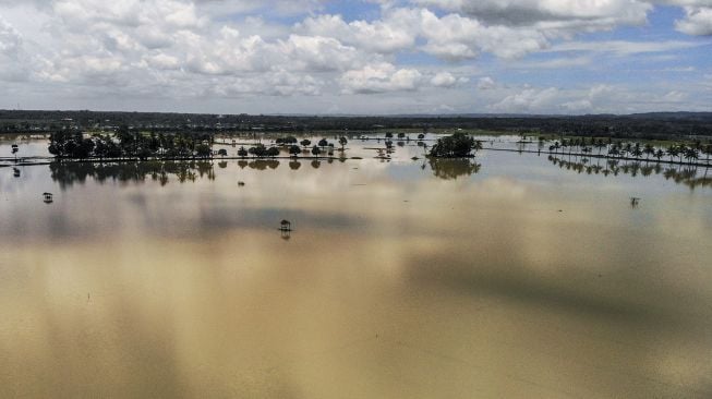 Foto udara lahan pertanian yang terendam banjir di Kecamatan Padaherang, Kabupaten Pangandaran, Jawa Barat, Jumat (26/3/2021). [ANTARA FOTO/Adeng Bustomi]