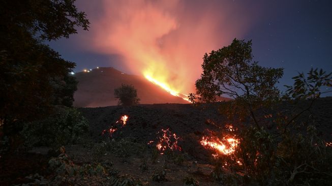 Lava mengalir dari Gunung Berapi Pacaya di pertanian La Brena di desa Patrocinio, San Vicente Pacaya, sekitar 60 kilometer selatan kota Guatemala, pada (25/3/2021). [Johan ORDONEZ / AFP]