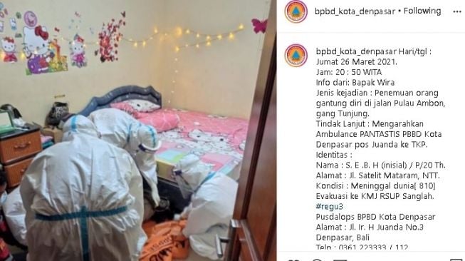 Wanita tewas gantung diri di kamar kos jalan ambon denpasar. (Instagram/@bpbd_kota_denpasar)