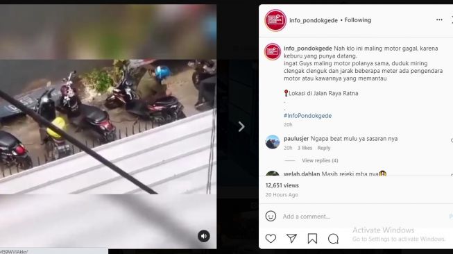 Viral maling motor dengan ciri-ciri yang sama beraksi tiga kali di Bekasi.[Instagram/@info_pondokgede]