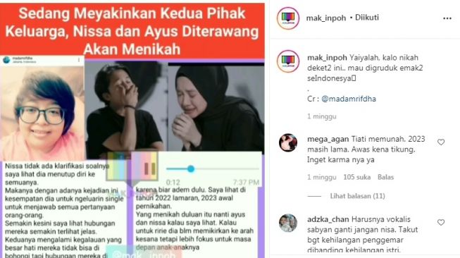 Unggahan soal Nissa Sabyan dan Ayus Sabyan [Instagram/@mak_inpoh]