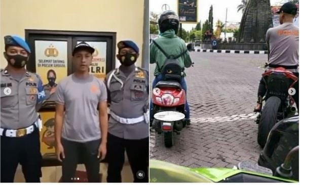 Pria berkaus polisi tak pakai helm saat berkendara diciduk polisi (Instagram)