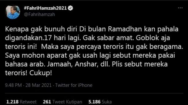 Cuitan Fahri hamzah terkait aksi teroris di makassar (Twitter)