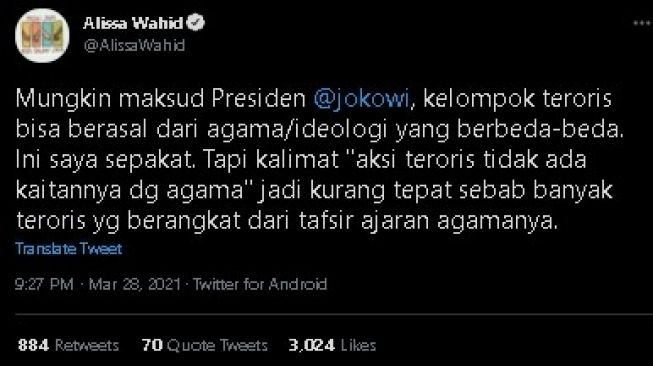 Alissa Wahid soroti pernyataan Jokowi soal bom Makassar. (Twitter/@AlissaWahid)