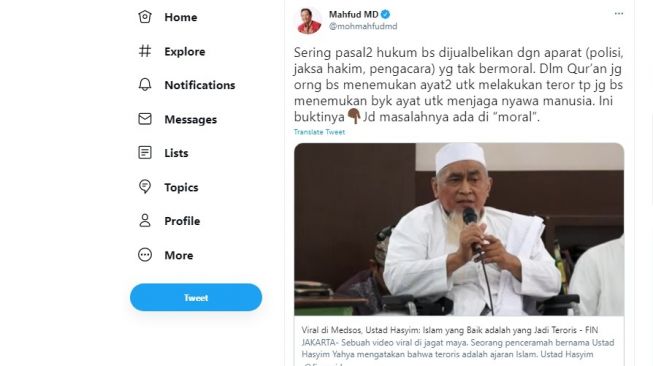 Cuitan Menkopolhukam Mahfud MD menanggapi ceramah Ustaz Hasyim yang viral.[Twitter/@mohmahfudmd]