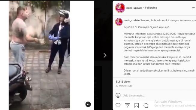 Beredar sebuah video yang menunjukkan seorang pria bule memukul perempuan yang disebut bekerja sebagai terapis.[Instagram/@nenk_update]