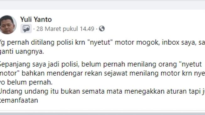 Keterangan Humas Polda DIY,Kombes Yuliyanto mengenasi sanksi tilang untuk nyetut motor. (Facebook/Infocegatanjogja)