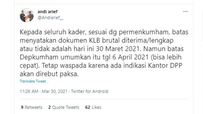 Cuitan Andi Arief menyebut ada indikasi kantor DPP Partai Demokrat akan direbut paksa.[Twitter/@Andiarief__]