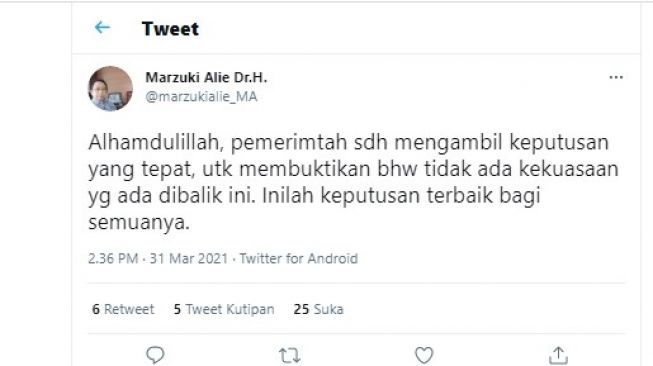 Cuitan Marzuki Alie soal keputusan pemerintah mengenai KLB Partai Demokrat.[Twitter/@marzukialie_MA]