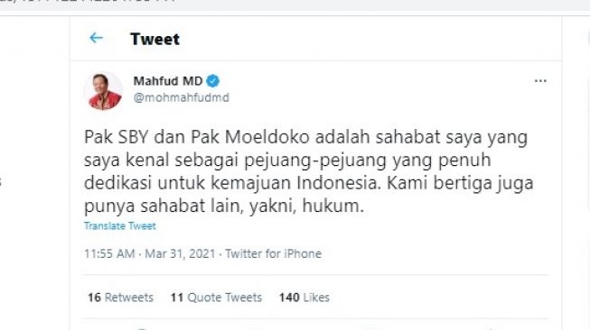 Akui Bersahabat dengan SBY dan Moeldoko, Mahfud: Saya Kenal sebagai Pejuang