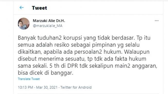 Cuitan Marzuki Alie soal tuduhan kasus korupsi.[Twitter/@marzukialie_MA]