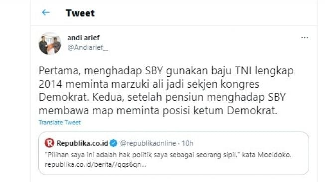 Cuitan Andi Arief soal pernyataan KSP Moeldoko yang mengaku tidak pernah mengemis jabatan.[Twitter/@Andiarief__]