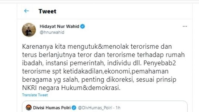 Cuitan Hidayat Nur Wahid soal terorisme.[Twitter/@hnurwahid]