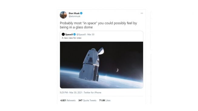 Cuitan Elon Musk soal desain baru kapsul Dragon. [Twitter]