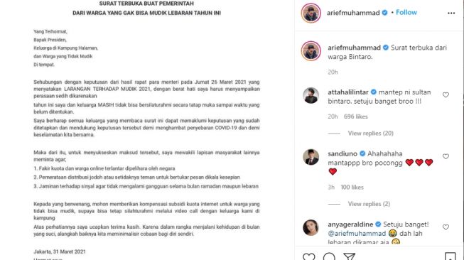 Arief Muhammad menulis surat terbuka untuk presiden. - (Instagram/@ariefmuhammad)