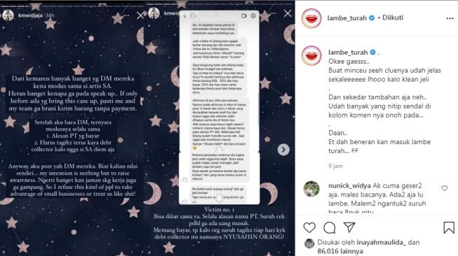 Unggahan soal artis SA susah bayar utang [Instagram/@lambe_turah]