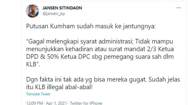 Cuitan Jansen Sitindaon soal keputusan pemerintah menolak pengesahan Partai Demokrat hasil KLB Deli Serdang.[Twitter/@jansen_jsp]