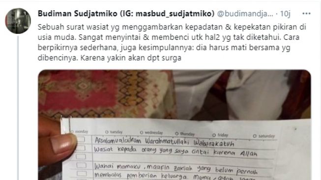 Potongan utas Budiman Sudjatmiko terkait isi surat wasiat Zakiah Aini (Twitter).