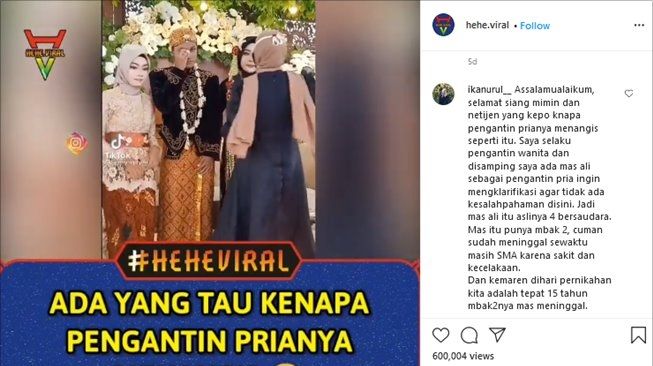 Istri beber alasan pengantin pria nangis di pelaminan hingga viral. (Instagram/@hehe.viral)