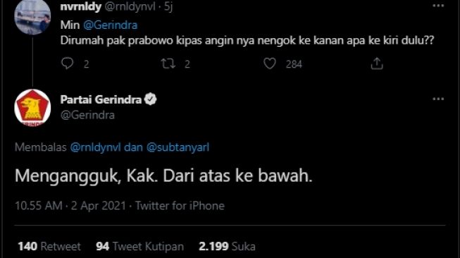 Terlampau Santuy, Akun Gerindra Balas Pertanyaan Warganet, Jawabannya Kocak