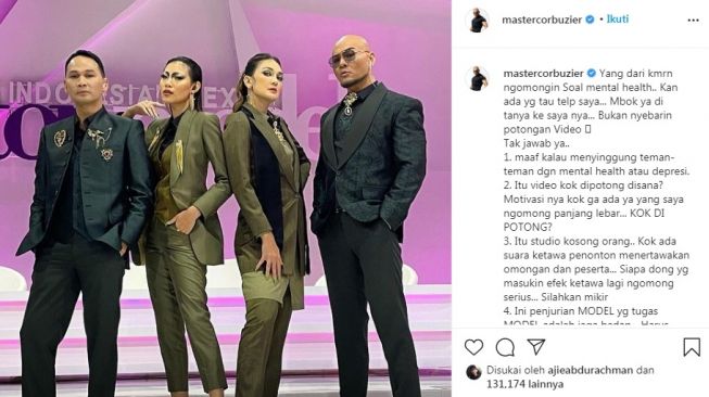 Unggahan Deddy Corbuzier [Instagram/mastercorbuzier]