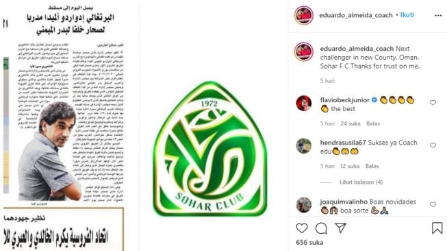 Eduardo Almeida resmi gabung klub Oman, Sohar FC. (Instagram/@eduardo_almeida_coach).