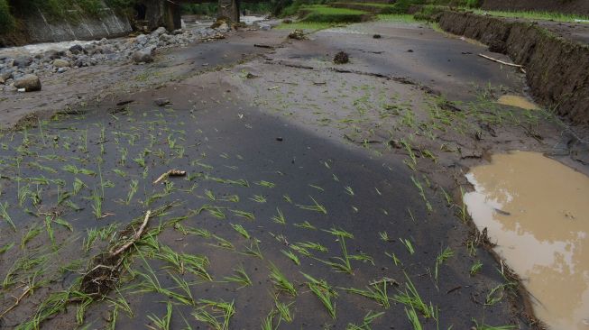 Warga melihat area sawah yang rusak akibat banjir di Desa Cermo, Kare, Kabupaten Madiun, Jawa Timur, Jumat (2/4/2021). ANTARA FOTO/Siswowidodo