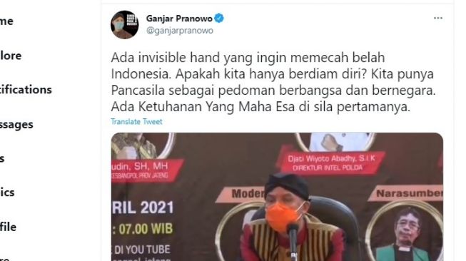 Tangkapan layar cuitan Ganjar Pranowo.[Twitter/@ganjarpranowo]