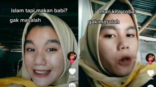 Heboh! Perempuan Berkerudung Cream Ngaku Gak Masalah Makan Babi