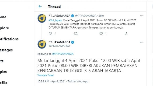 Cuitan akun Jasa Marga soal pemberlakuan pembatasan kendaraan truk golongan III arah Jakarta.[Twitter/@PTJASAMARGA]