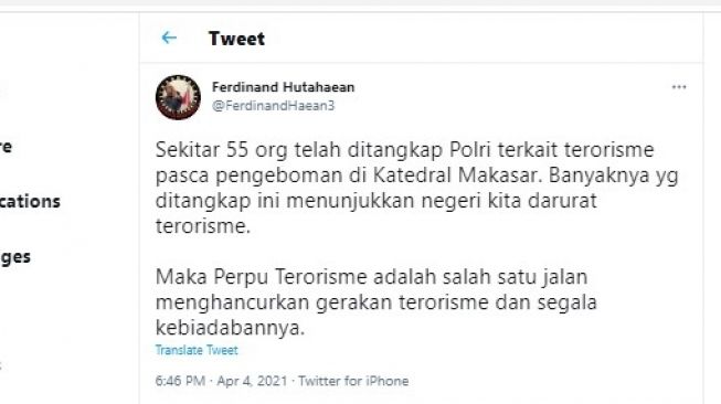 Cuitan Ferdinand Hutahaean soal darurat terorisme.[Twitter/@FerdinandHaean3]