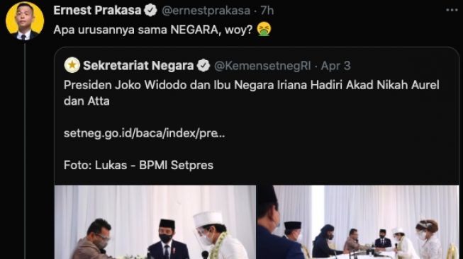 Sekneg Unggah Foto Jokowi Hadiri Nikahan Aurel-Atta, Ernest: Apa Urusan dengan Negara?