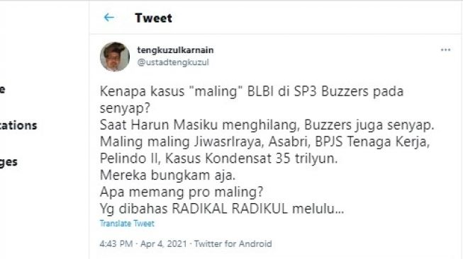 Cuitan Ustaz Tegku Zulkarnain.[Twitter/@ustadtengkuzul]
