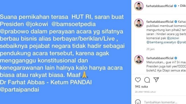 Unggahan Farat Abbas [Instagram]