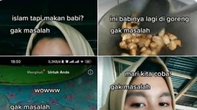 Viral perempuan berjilbab makan daging babi.