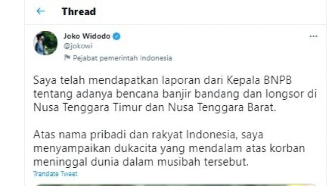 Cuitan Presiden Joko Widodo.[Twitter/@jokowi]