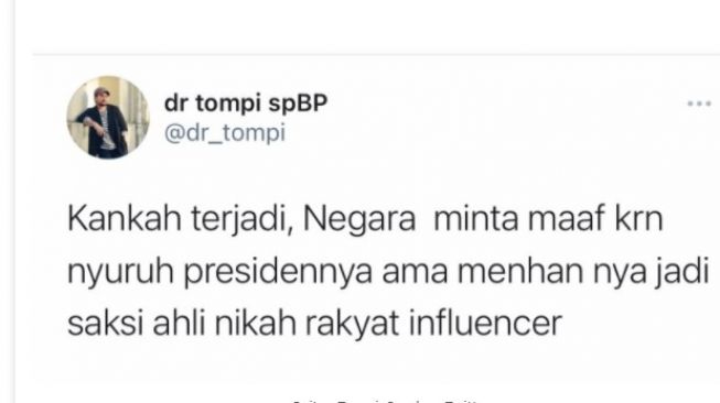 Cuitan penyanyi Tompi menanggapi kehadiran Jokowi dan Prabowo di pernikahan Atta-Aurel. [Twitter @dr_tompi]