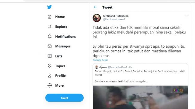 Cuitan Ferdinand Hutahaean soal pembubaran pertunjukan seni Jaran Kepang.[Twitter/@FerdinandHaean3]