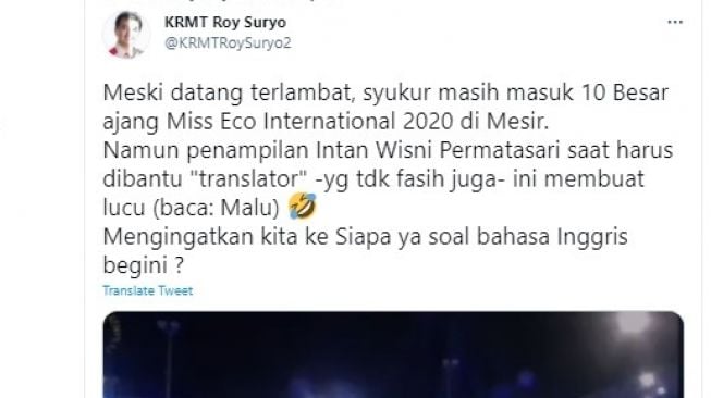 Cuitan Roy Suryo soal penampilan Mis Eco Indonesia.[Twitter?@KMRTRoySuryo2]