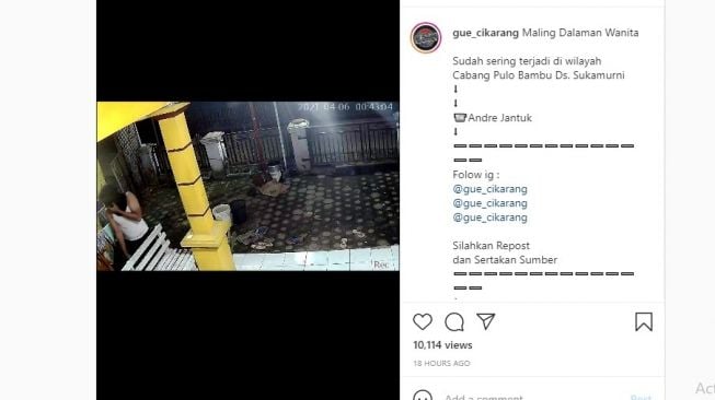 Seorang maling pakaian dalam wanita tengah beraksi di Kabupaten Bekasi.[Instagram/@gue_cikarang]