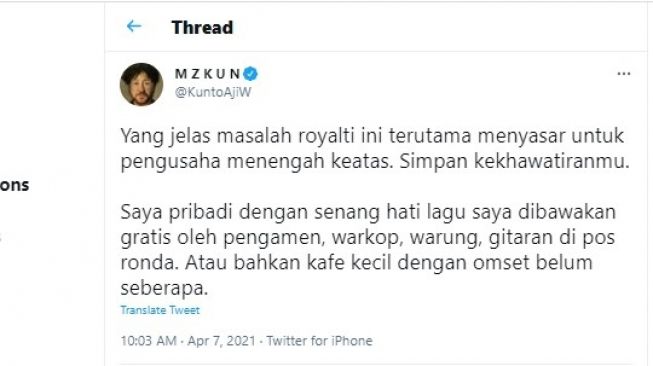 Cuitan Kunto Aji soal royalti hak cipta lagu dan musik yang telah diteken Pemerintah.[Twitter/@KuntoAjiW]