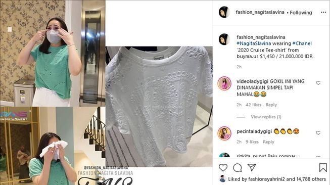 Kaos bolong-bolong Nagita Slavina saat jenguk Baby Ukkasya. (Instagram/@fashion_nagitaslavina)