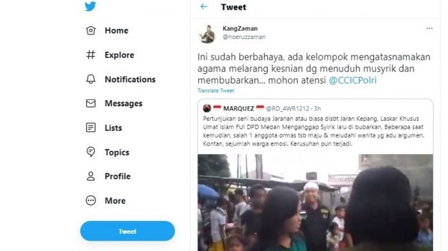 Cuitan Mohammad Nuruzzaman menanggapi pertunjukkan seni budaya Jaran Kepang dibubarkan.[Twitter/@noeruzzaman]