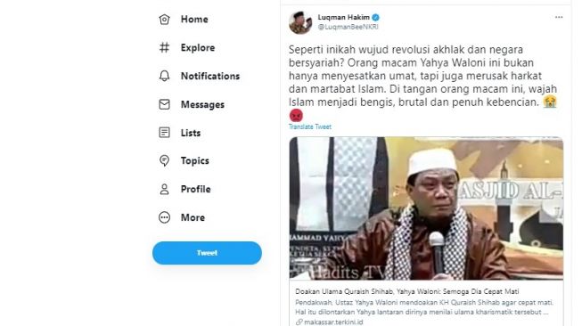 Cuitan Luqman Hakim soal Ustaz Yahya Waloni yang mendoakan agar KH Quraish Shihab cepat meninggal.[Twitter/@LukmanBeeNKRI]