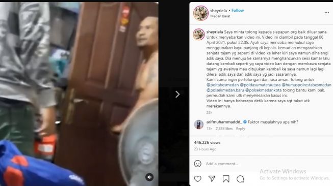 Tangkapan layar sebuah video viral yang menggambarkan seorang ayah bawa sajam hendak serang anak.[Instagram/@sheyriela]