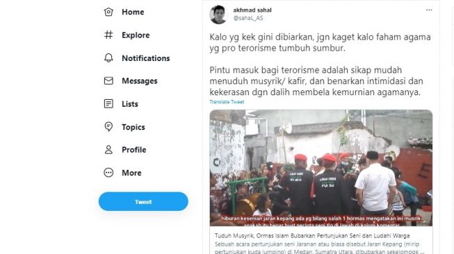 Cuitan Gus Sahal soal pembubaran jaran kepang.[Twitter/@sahal_AS]