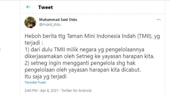 Cuitan Said Didu soal TMII.[Twitter/@msaid_didu]